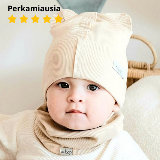 BEAR Cotton Baby Beanie with Teddy Ears – Cream | Ribbed One Layer Hat – BUBOO