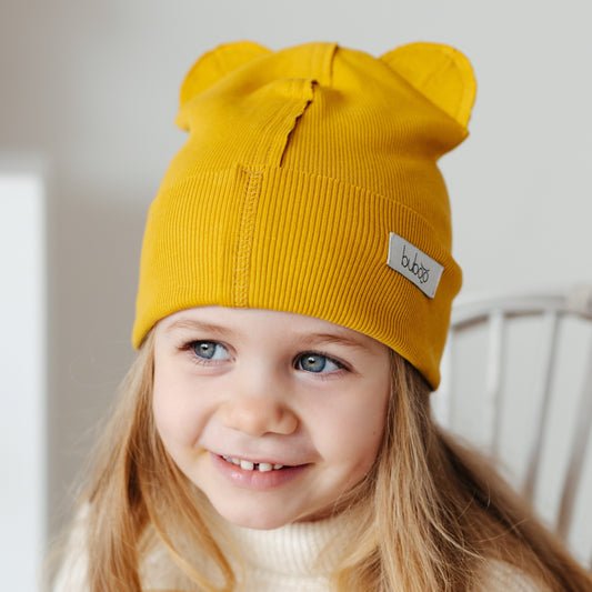 BEAR Cotton Kids Beanie with Teddy Ears – Mustard | Ribbed One Layer Hat – BUBOO
