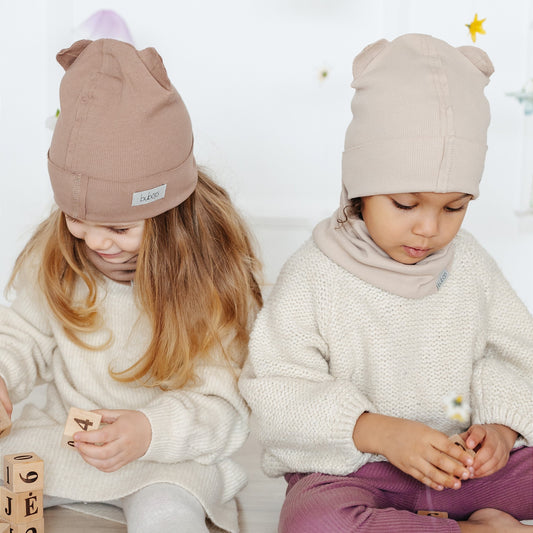 BEAR Cotton Baby Beanie with Teddy Ears – Cream | Ribbed One Layer Hat – BUBOO