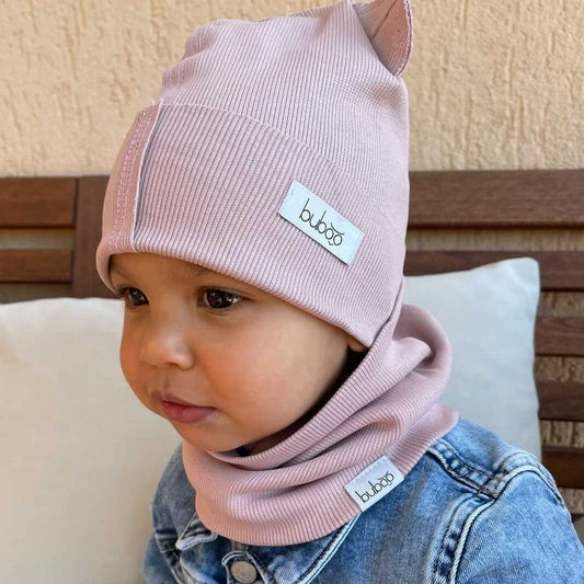 BEAR Cotton Baby Beanie with Teddy Ears – Ash Rose | Ribbed One Layer Hat – BUBOO