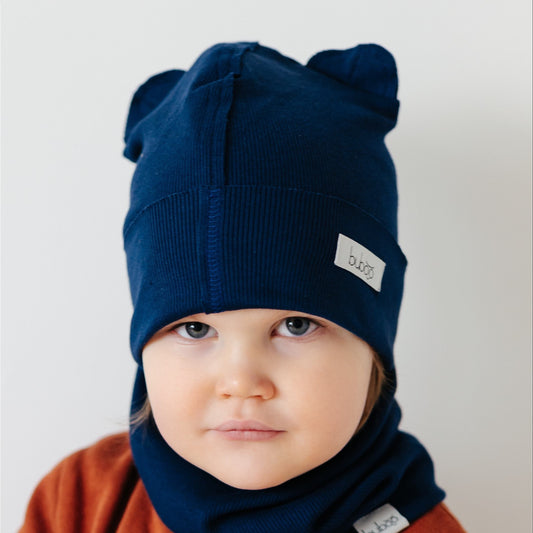 BEAR Cotton Kids Beanie with Teddy Ears – Dark Blue | Ribbed One Layer Hat – BUBOO