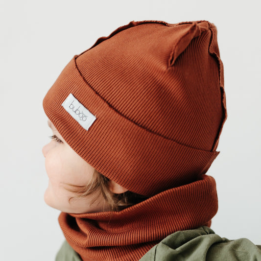 BEAR Cotton Kids Beanie with Teddy Ears – Caramel | Ribbed One Layer Hat – BUBOO