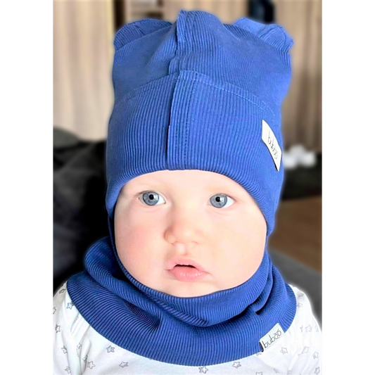 BEAR Cotton Baby Beanie with Teddy Ears – Cornflower | Ribbed One Layer Hat – BUBOO