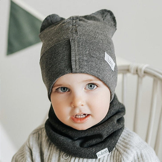 BEAR Cotton Baby Beanie with Teddy Ears – Dark Grey | Ribbed One Layer Hat – BUBOO