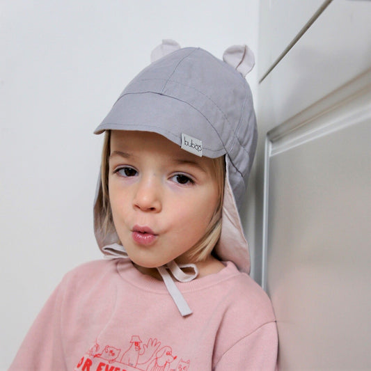 BEAR summer kids beanie with visor  laces and neck protection (100% cotton) - baby blue