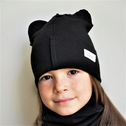 BEAR Cotton Baby Beanie with Teddy Ears – Charcoal | Ribbed One Layer Hat – BUBOO