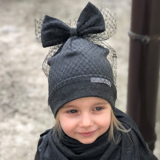 Extremely stylish girl doublelayered beanie with a tulle FASHIONISTA dark grey