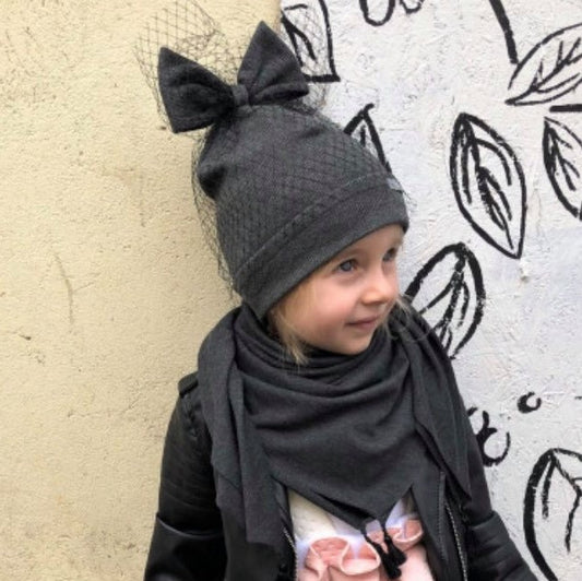 Extremely stylish girl doublelayered beanie with a tulle FASHIONISTA dark grey