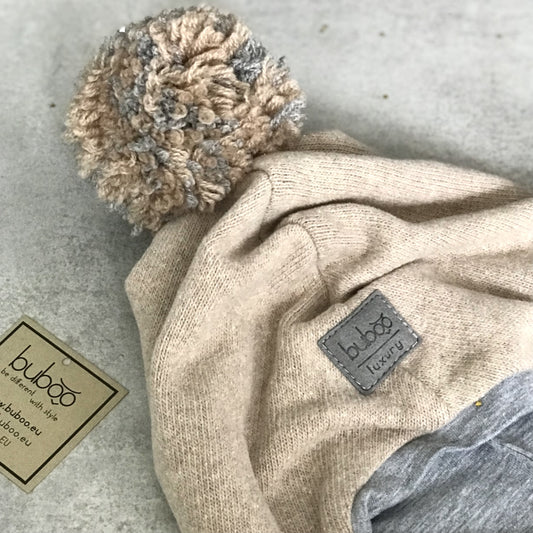 Luxury Cotton Kids Balaclava with Pompom – Latte | Autumn/Winter/Spring Hat – BUBOO