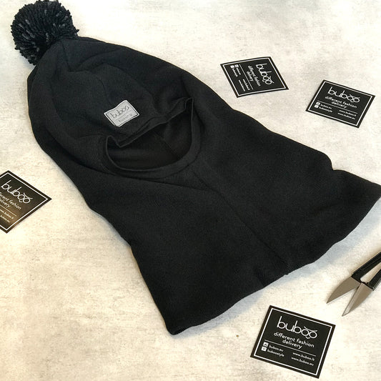 Luxury Cotton Kids Balaclava with Pompom – Black | Autumn/Winter/Spring Hat – BUBOO