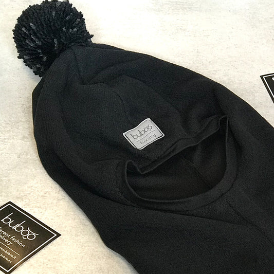 Luxury Cotton Kids Balaclava with Pompom – Black | Autumn/Winter/Spring Hat – BUBOO