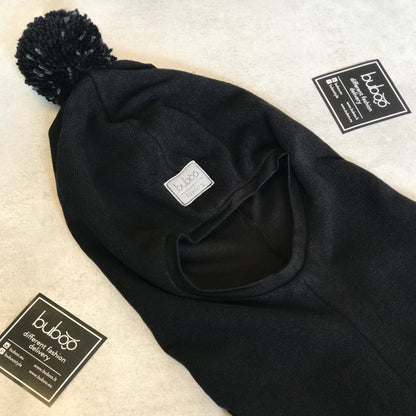Luxury Cotton Kids Balaclava with Pompom – Black | Autumn/Winter/Spring Hat – BUBOO