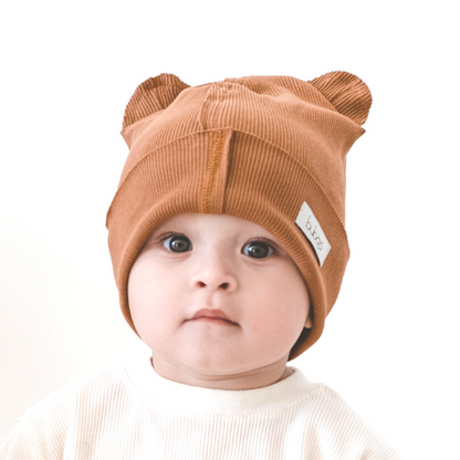 BEAR Cotton Kids Beanie with Teddy Ears – Caramel | Ribbed One Layer Hat – BUBOO