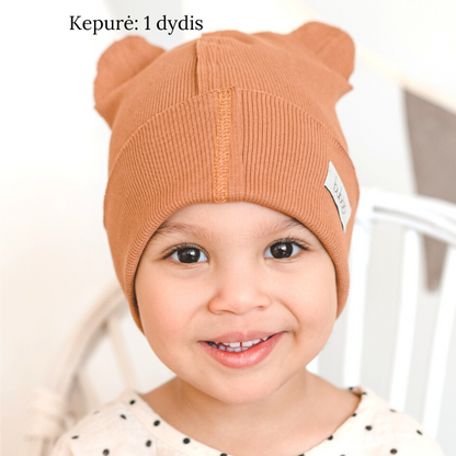 BEAR Cotton Kids Beanie with Teddy Ears – Caramel | Ribbed One Layer Hat – BUBOO