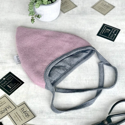 Kids mohera wool beanie with straps for autumn/winter DROP ash rose/ light grey inside