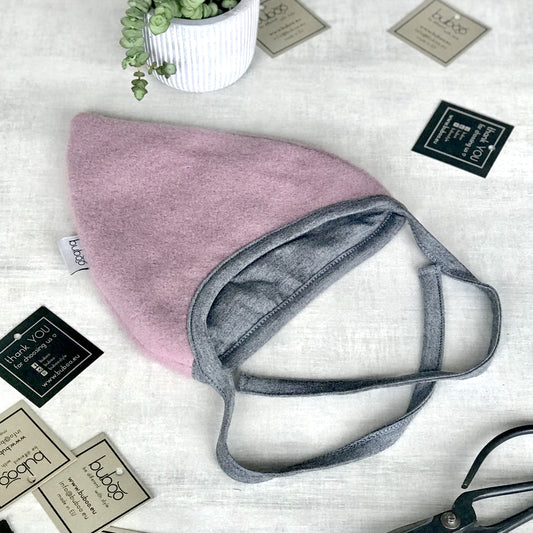 Kids mohera wool beanie with straps for autumn/winter DROP ash rose/ light grey inside