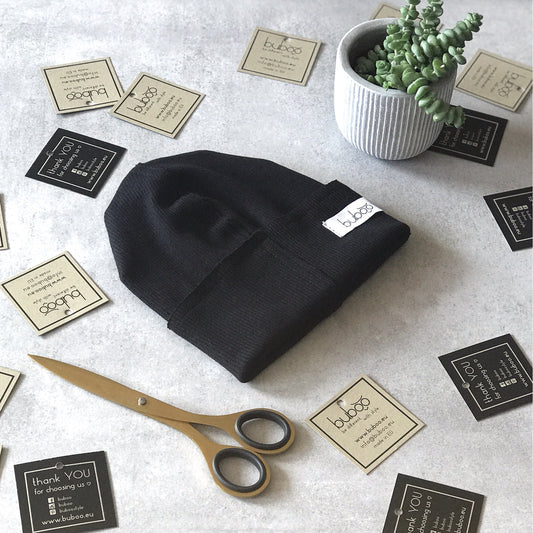 TRENDY Double-Layer Ribbed Cotton Kids Beanie – Black | Autumn/Spring Hat – BUBOO