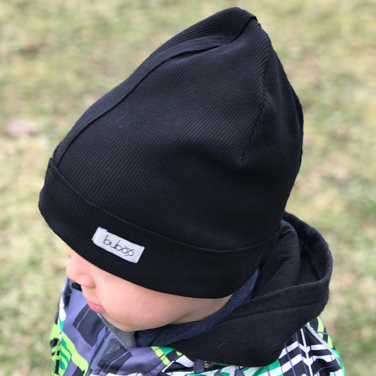 TRENDY Double-Layer Ribbed Cotton Kids Beanie – Black | Autumn/Spring Hat – BUBOO