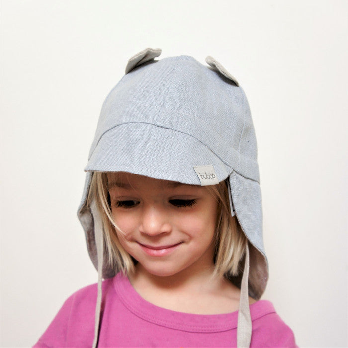 BEAR summer kids beanie with visor  laces and neck protection (softened linen) - baby blue