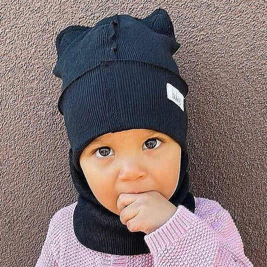 BEAR Cotton Baby Beanie with Teddy Ears – Charcoal | Ribbed One Layer Hat – BUBOO