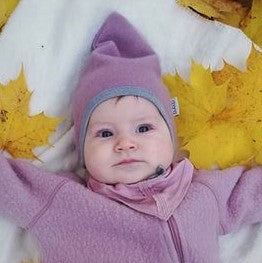 Kids mohera wool beanie with straps for autumn/winter DROP ash rose/ light grey inside