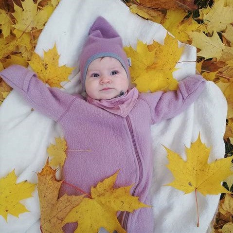 Kids mohera wool beanie with straps for autumn/winter DROP ash rose/ light grey inside