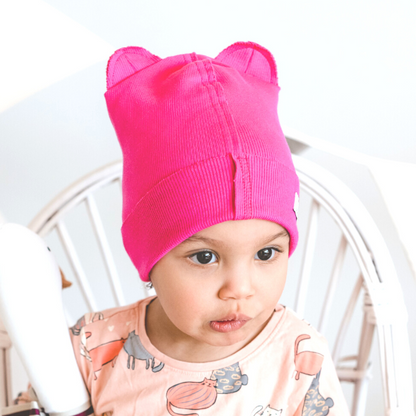 BEAR Cotton Baby Beanie with Teddy Ears – Watermelon | Ribbed One Layer Hat – BUBOO