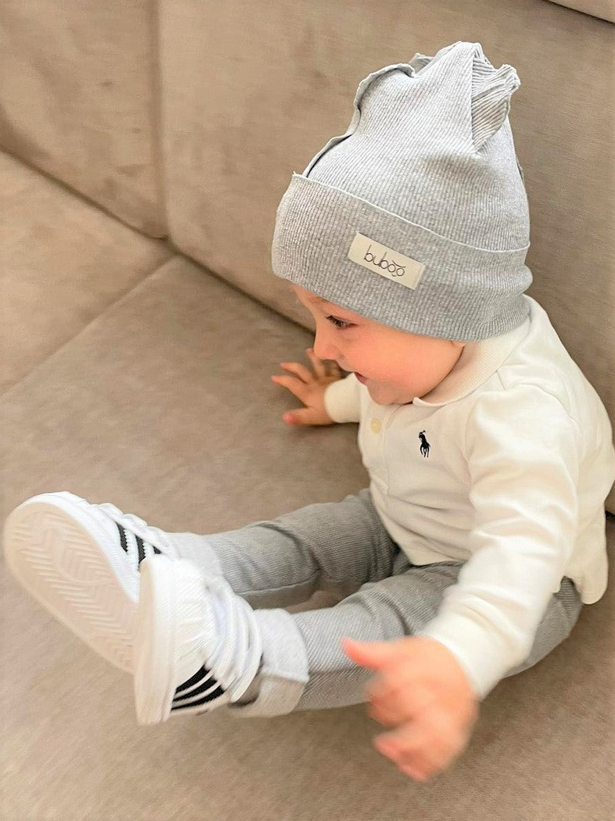 BEAR Cotton Baby Beanie with Teddy Ears – Mist | Ribbed One Layer Hat – BUBOO