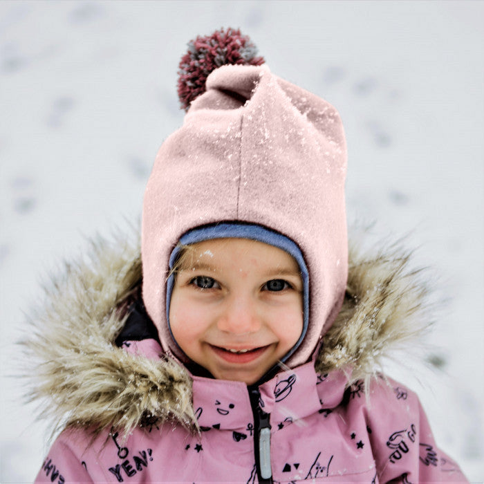 Kinder-Sturmhaube aus Wolle mit Bommel – Mohair – Pink