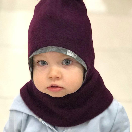 Stylish fall winter mohera wool kids HELMET with pompom purple