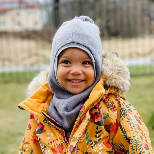 Stylish fall winter mohera wool kids HELMET with pompom grey