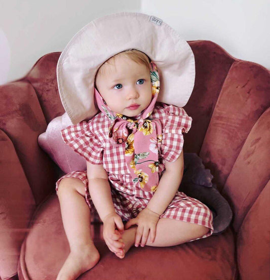 Impressive kids cotton HAT with pink silky ribbons  blush powder