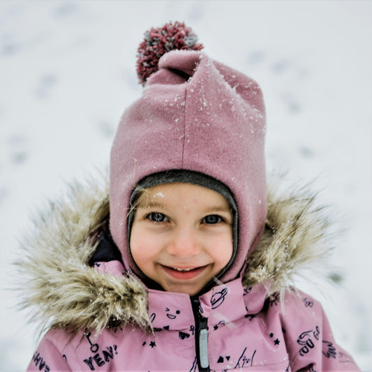 Kids’ Wool Balaclava with Pompom – Mohair II – Ash Rose