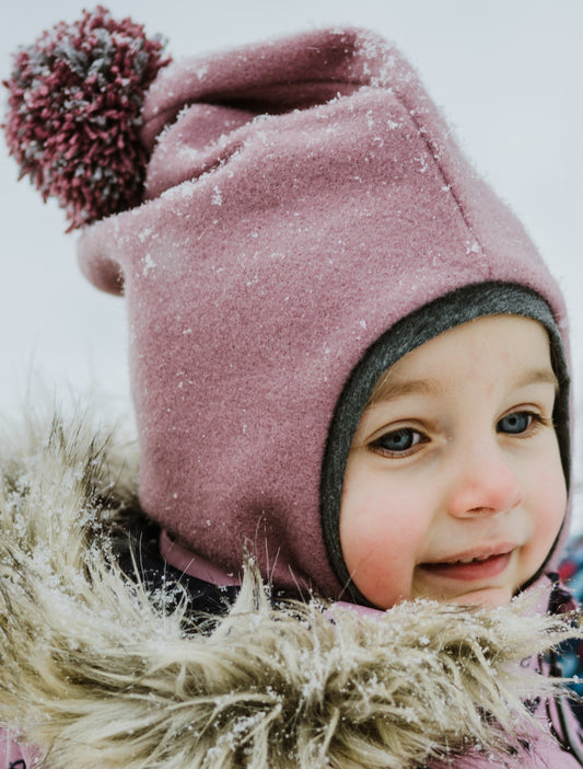 Kids’ Wool Balaclava with Pompom – Mohair II – Ash Rose