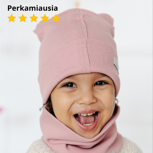 BEAR Cotton Baby Beanie with Teddy Ears – Ash Rose | Ribbed One Layer Hat – BUBOO