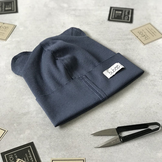 BEAR Cotton Baby Beanie with Teddy Ears – Blue | Ribbed One Layer Hat – BUBOO