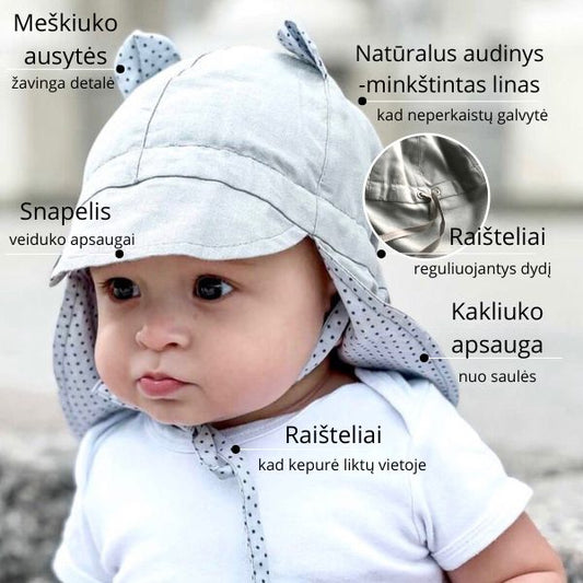 BEAR vasarinė vaikiška kepurė su snapeliu   raišteliais ir kaklo apsauga (minkštinto lino) pilka