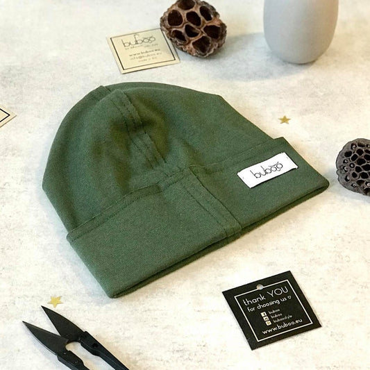TRENDY Double-Layer Ribbed Cotton Kids Beanie – Military Green | Autumn/Spring Hat – BUBOO