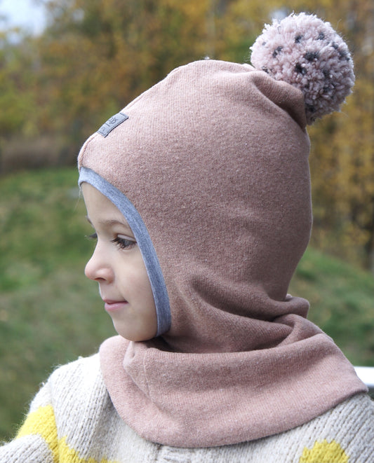 Luxury Cotton Kids Balaclava with Pompom – Ash Rose | Autumn/Winter/Spring Hat – BUBOO