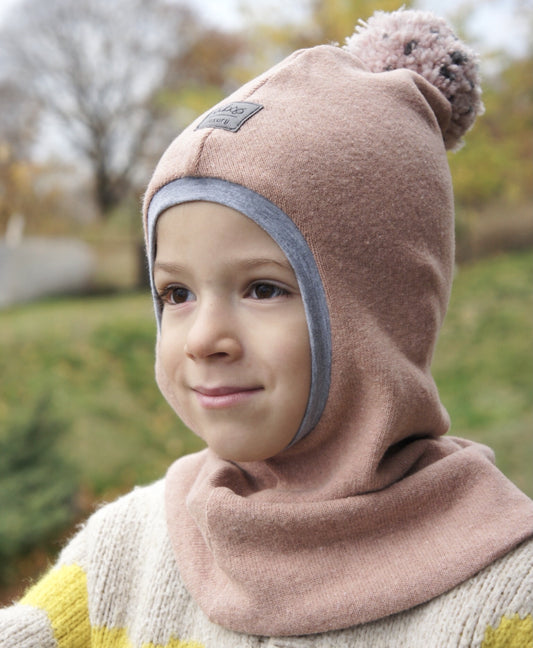 Luxury Cotton Kids Balaclava with Pompom – Ash Rose | Autumn/Winter/Spring Hat – BUBOO