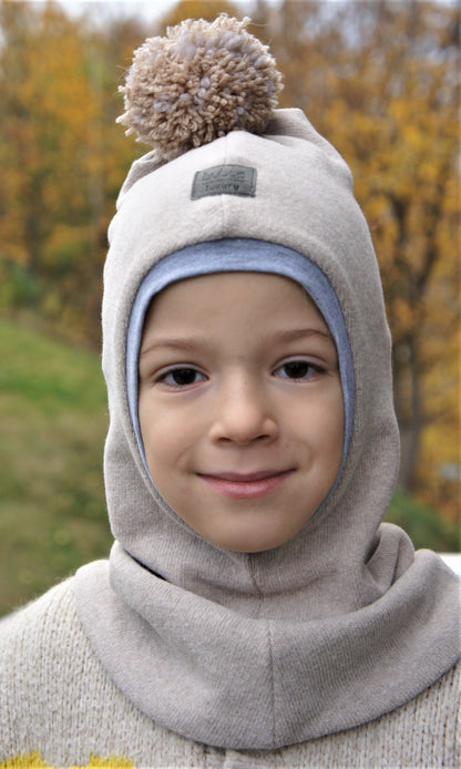 Luxury Cotton Kids Balaclava with Pompom – Latte | Autumn/Winter/Spring Hat – BUBOO