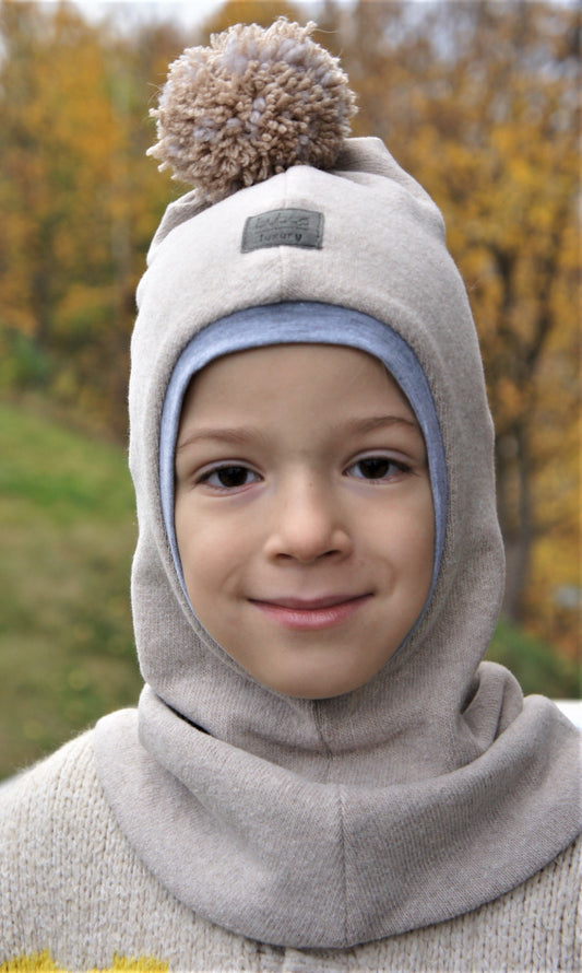 Luxury Cotton Kids Balaclava with Pompom – Latte | Autumn/Winter/Spring Hat – BUBOO