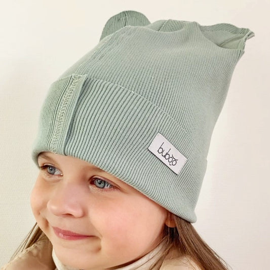BEAR Cotton Baby Beanie with Teddy Ears – Mint | Ribbed One Layer Hat – BUBOO