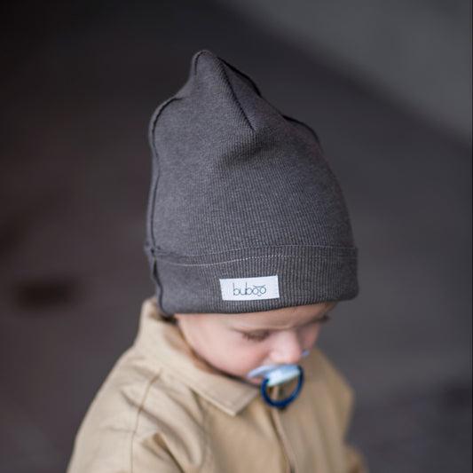 TRENDY Double-Layer Ribbed Cotton Kids Beanie – Dark Grey | Autumn/Spring Hat – BUBOO