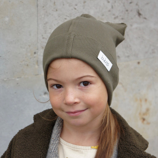 BEAR Cotton Baby Beanie with Teddy Ears – Chaki | Ribbed One Layer Hat – BUBOO