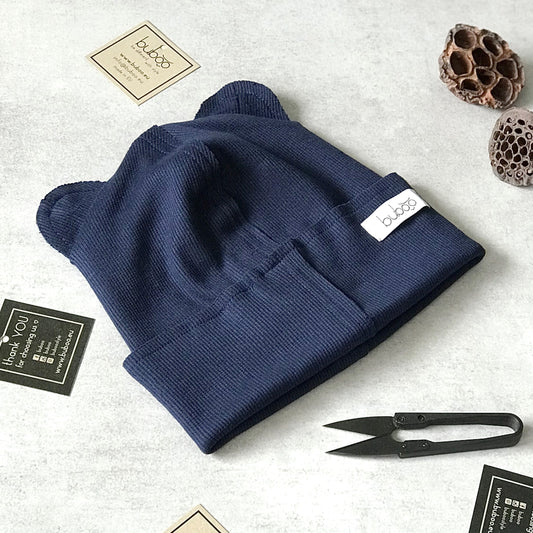 BEAR Dark blue Double Cotton Beanie with Teddy Ears