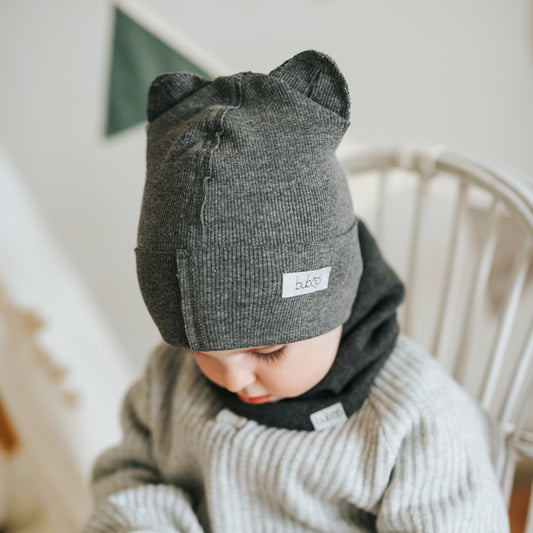 BEAR Cotton Baby Beanie with Teddy Ears – Dark Grey | Ribbed One Layer Hat – BUBOO