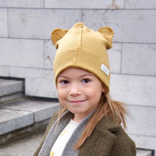 BEAR Mustard yellow Double Cotton Beanie with Teddy Ears
