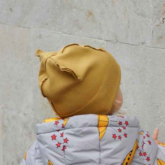 BEAR Mustard yellow Double Cotton Beanie with Teddy Ears