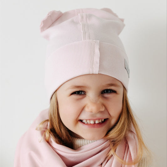 BEAR Cotton Baby Beanie with Teddy Ears – Powder | Ribbed One Layer Hat – BUBOO